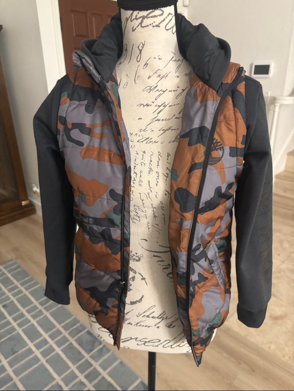 Timberland Boys' Brown, Gray & Black Camo Puffer Jacket with Black Sleeves